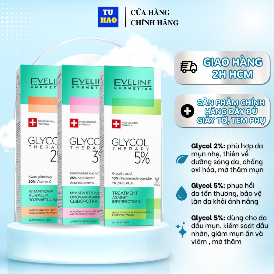 Tinh chất giảm mụn Eveline Glycol Therapy Serum Niacinamide, Vitamin C, Peptide 18ml