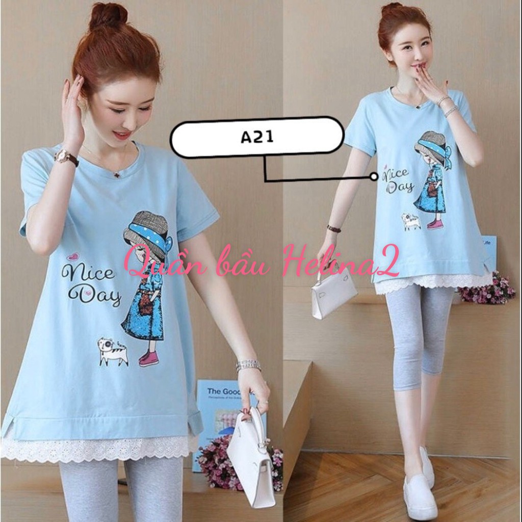 Áo bầu CỘC TAY CHẤT COTTON PHỐI REN sang chảnh tạo điểm nhấn thời trang A21