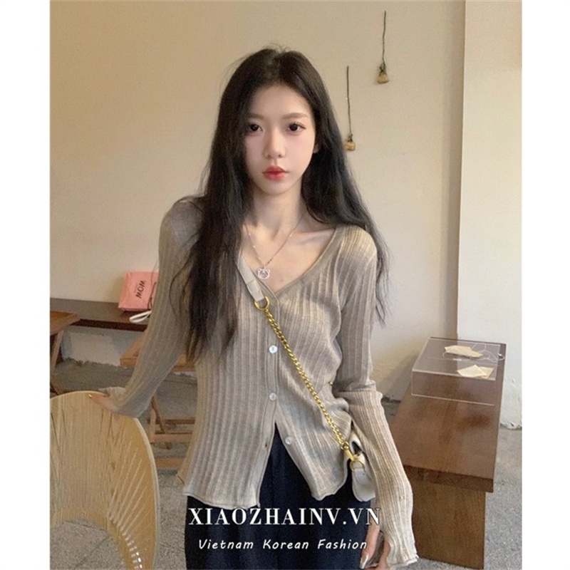 Áo cardigan XIAOZHAINV dệt kim dài tay cổ chữ V dáng ôm phong cách Hàn Quốc 4 màu lựa chọn