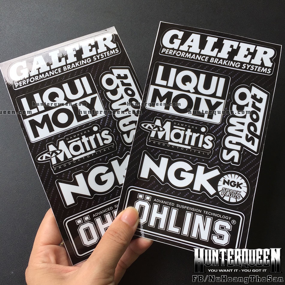 Cặp tem trắng đen Galfer-Liquimoly, logo dán xe chống nước, không bong tróc bay màu. Decal cao cấp