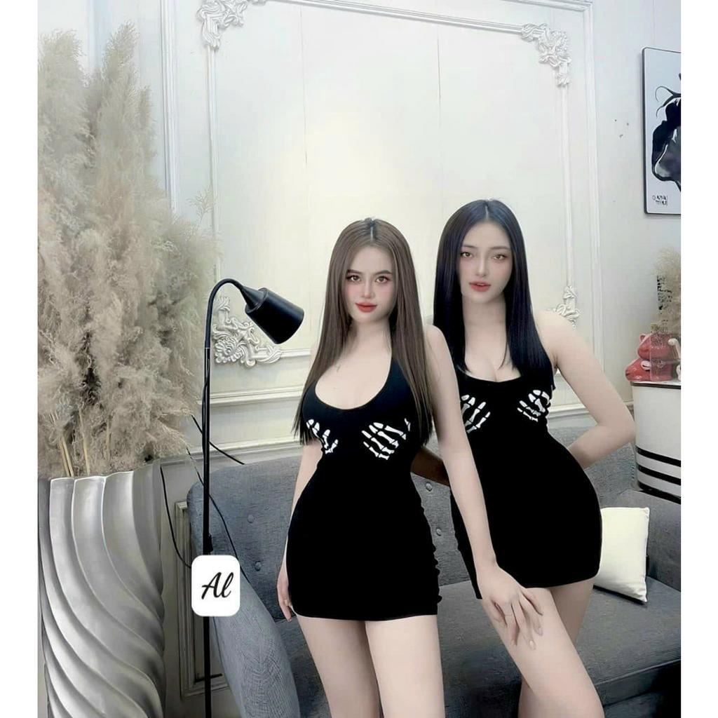 Đầm 2 dây trước sau 1 đây đứng in bàn tay xương ngực mông in chữ họa tiết ôm body cực hot , chất thun bozip mềm