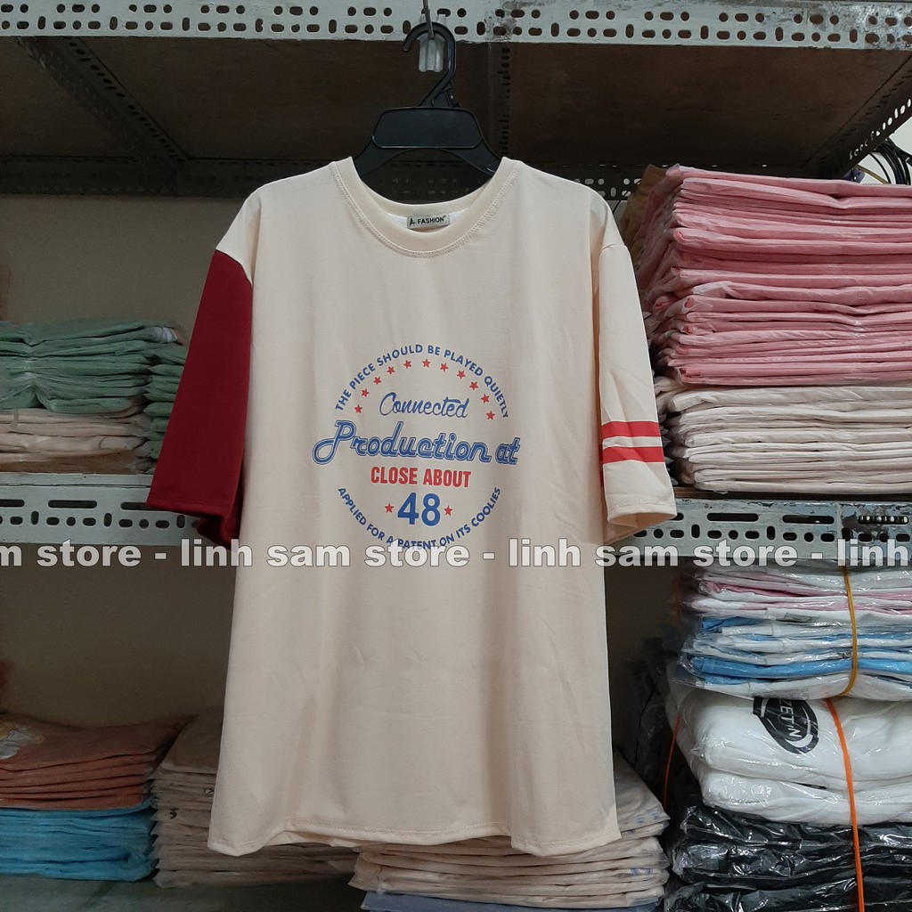 Áo thun nữ tay lỡ freesize phông form rộng dáng Unisex, mặc cặp, nhóm, lớp in chữ PRODUCTION 48 MÀU NUDE SỮA | BigBuy360 - bigbuy360.vn