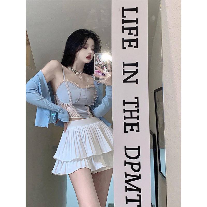 Bộ Đồ Áo Hai Dây REN Hot Girl Gợi Cảm Áo Mùa Hè Cho Nữ + Áo Khoác Cardigan + Váy Cạp Cao Cho Nữ