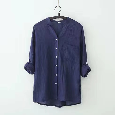 Áo Sơ Mi Lanh Cotton Cổ Đứng Tay Lửng Dáng Rộng Phong Cách Nhật Bản Thời Trang Cho Nữ