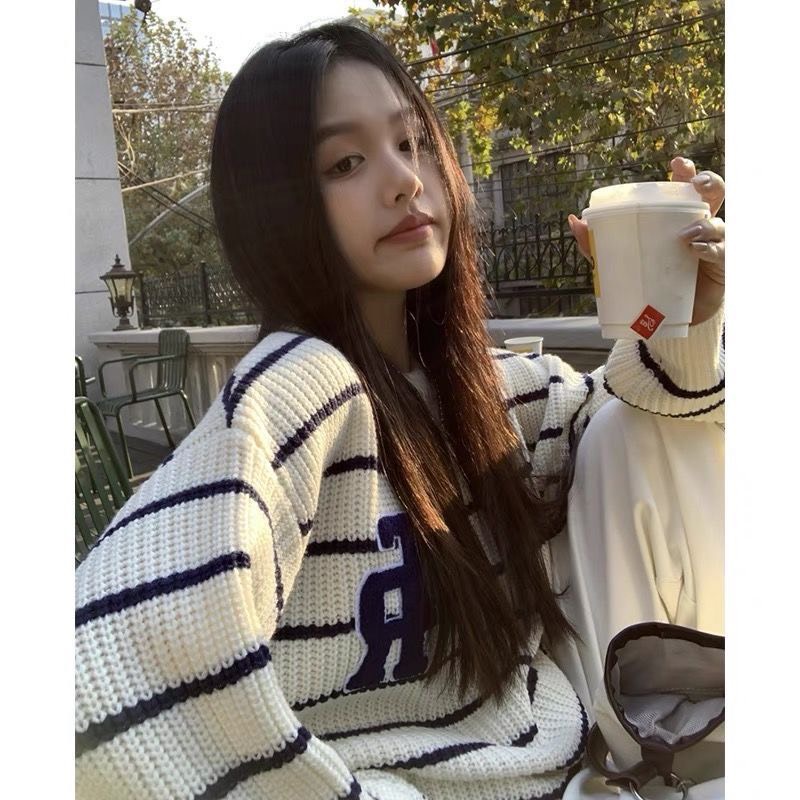 Áo sweater len LANIESTORE form rộng oversize dài tay dày dặn cá tính màu trăng kẻ đen ngang