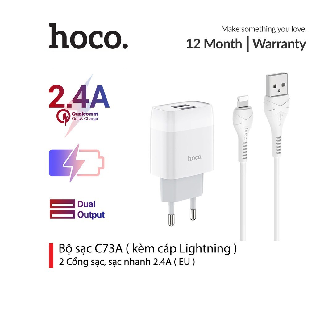 Bộ sạc nhanh 2.4A Hoco C73A trang bị 2 cổng Usb chân tròn kèm dây cáp dài 1m cho ip/tablet táo