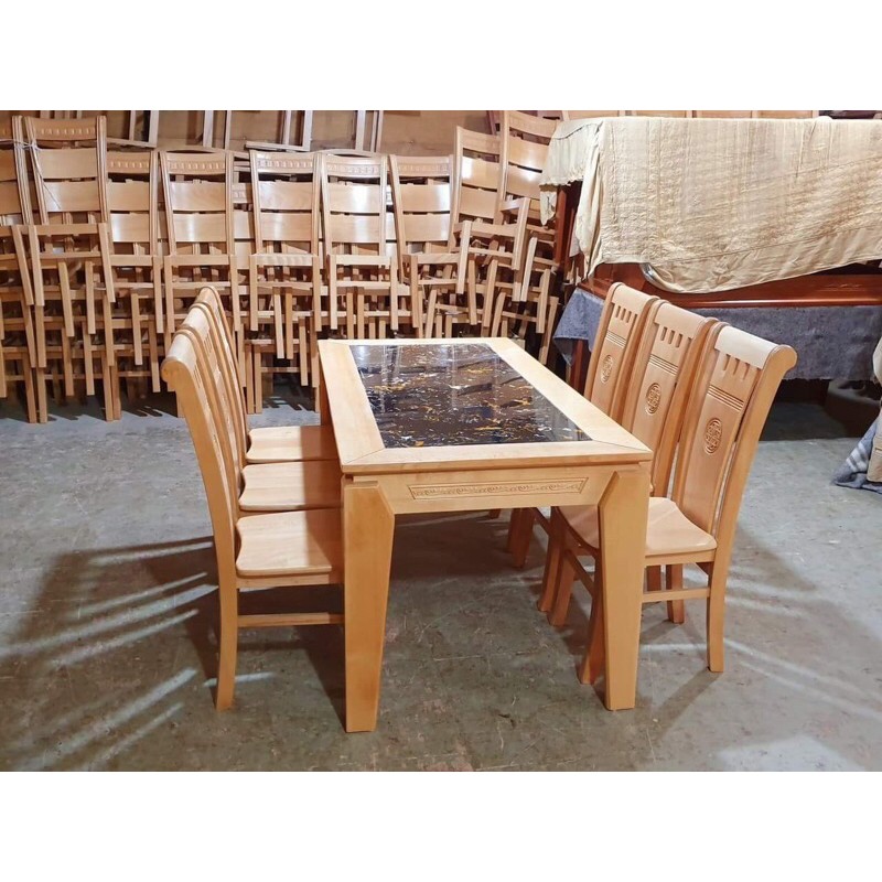bàn ăn gỗ sồi mặt đá - hàng đẹp - làm kỹ