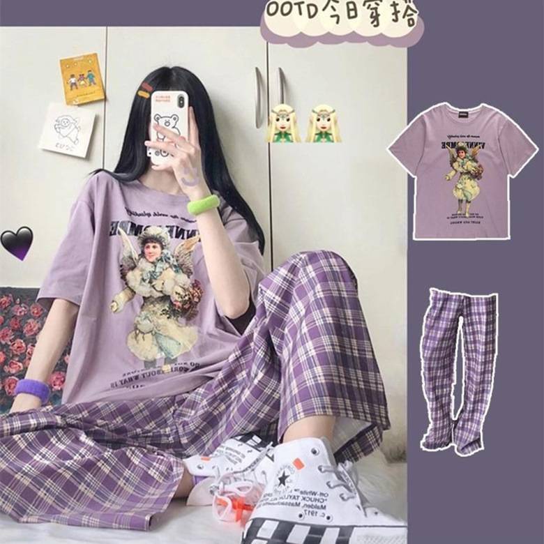 Set đồ 2 món bằng vải mềm họa tiết kẻ sọc thoải mái