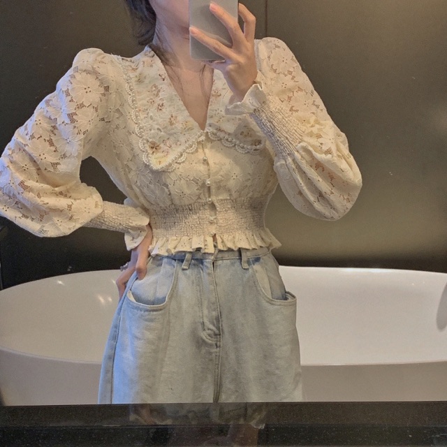 [Order taobao Áo sơ mi ren dài tay thêu hoạ tiết xinh xắn kiểu Hàn Quốc