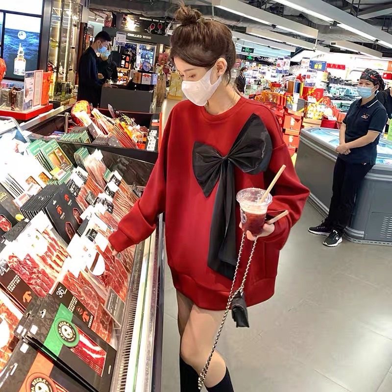 Áo nỉ phối nơ dày dặn dễ thương ulzzang Hàn Quốc