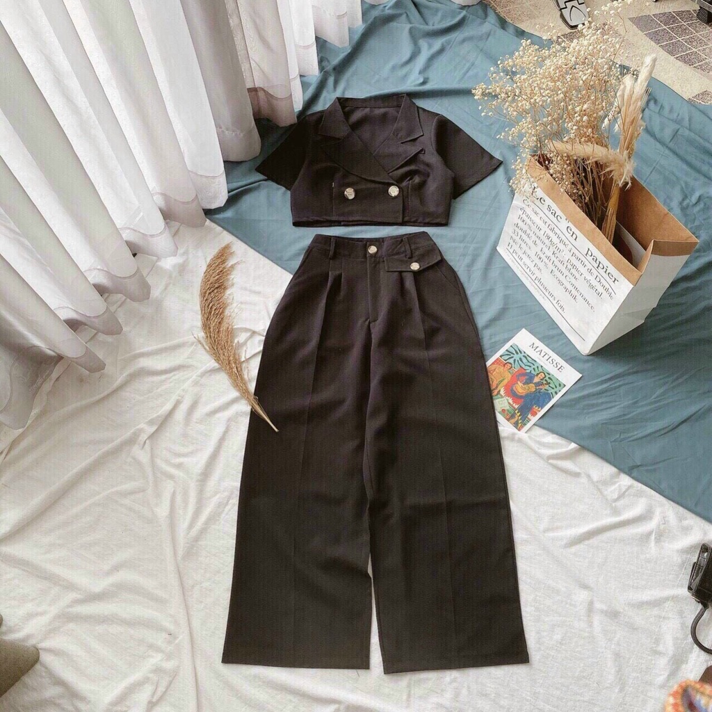 [Miễn Phí Ship 2022] SET BỘ TÂY QUẦN SUÔNG DÀI, ÁO CỔ VEST CROPTOP MẶC ĐI CHƠI CÁ TÍNH