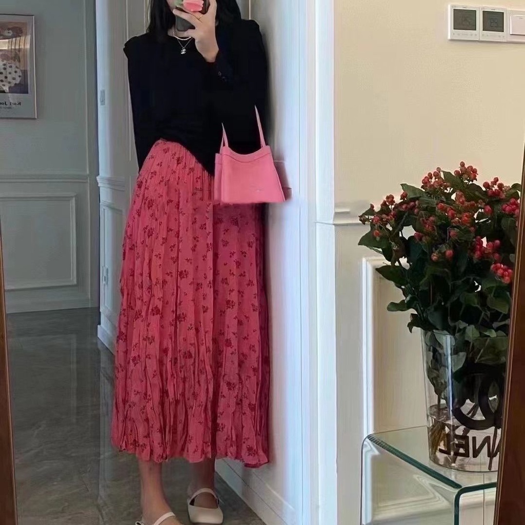 Chân Váy Dài Xếp Ly Lưng Cao Họa Tiết Hoa Phong Cách Hàn Quốc Thời Trang Mới Dành Cho Nữ 2022