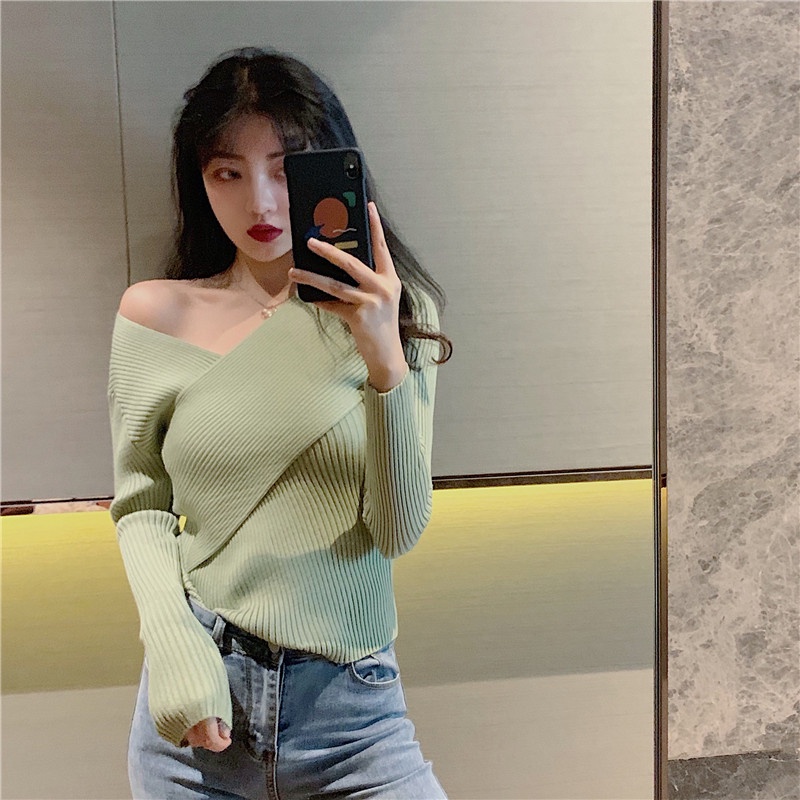 [Sẵn] Áo len trễ vai cổ V, áo len nữ vạt chéo hàng quảng châu có video ảnh thật | BigBuy360 - bigbuy360.vn