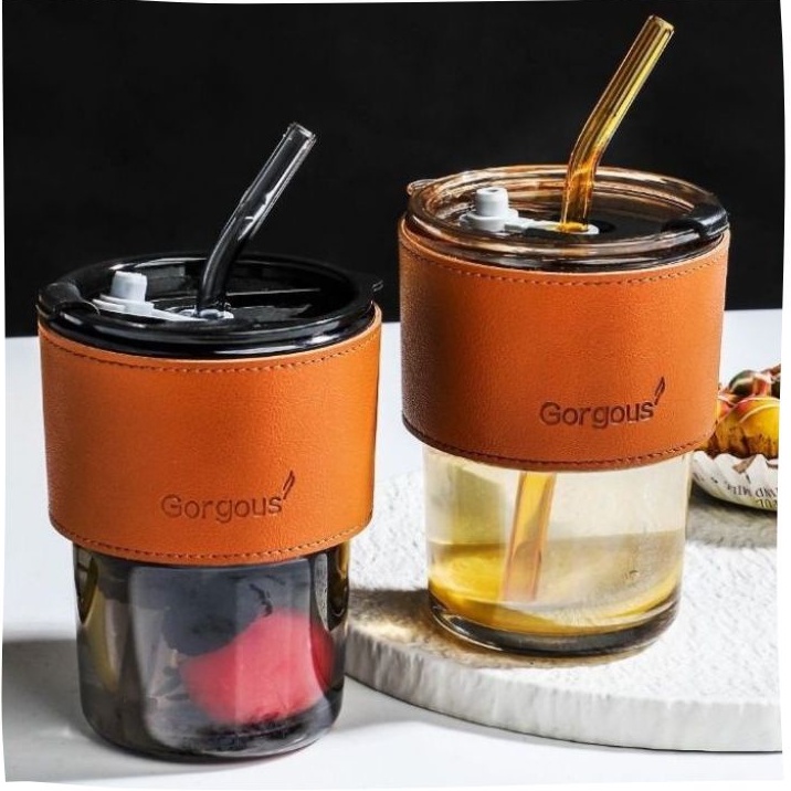 Cốc, ly thủy tinh bọc da 450ml kèm ống hút, chống bỏng chống rò rỉ cách nhiệt tốt