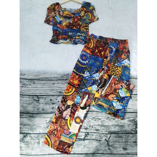 Set bộ thổ cẩm nhún eo cổ vuông tay phồng ống suông nhỏ 40-60kg