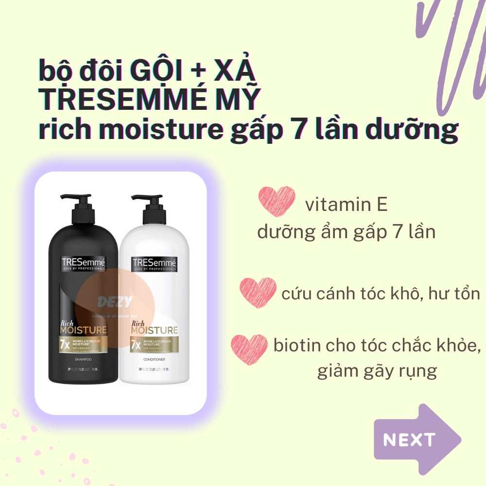 Cặp Dầu Xả Dầu Gội Tresemme Mỹ USA Shampoo - Combo Tresemmé Dầu Gội Dưỡng Tóc Ẩm Treseme Chăm Sóc Tóc Ngăn Rụn tóc Dezy