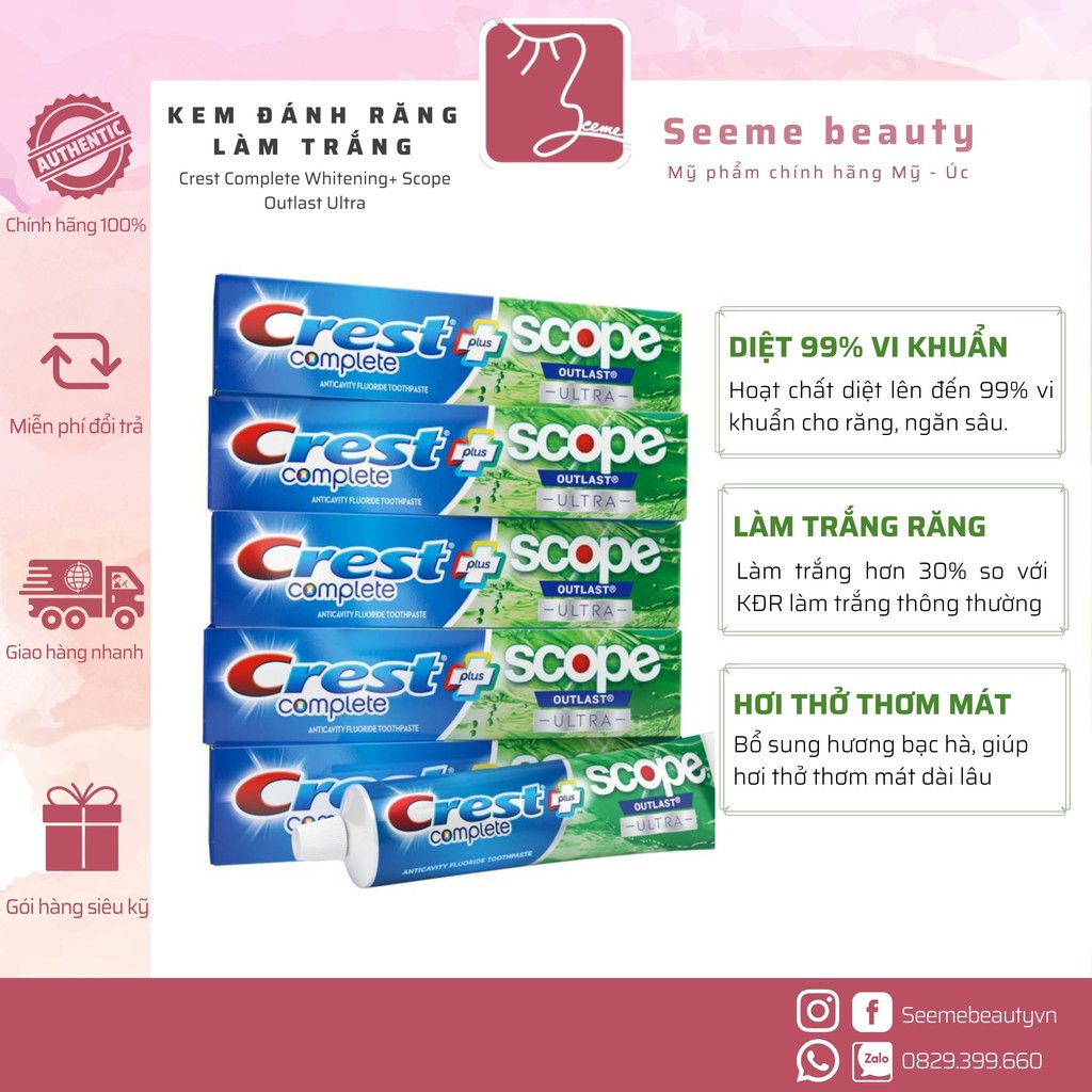 [BILL MỸ] Kem Đánh Răng Crest Trắng Răng Crest Scope Complete Whitening Outlast Ultra - Active Foam SeeMe Beauty BF-011