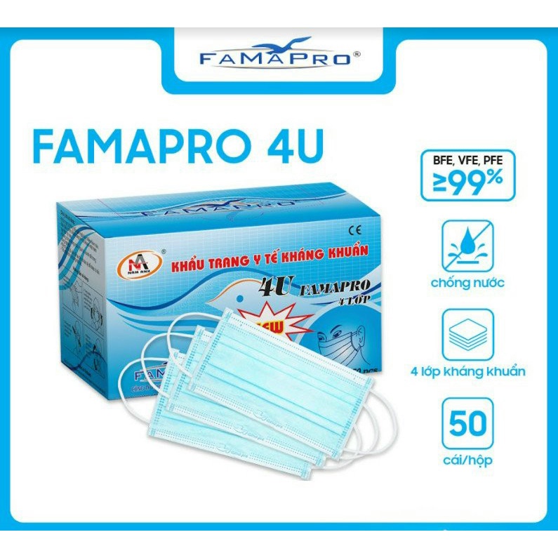 Khẩu Trang Y Tế 4U,4 Lớp,Giấy Kháng Khuẩn,FamaPro ( NamAnh ) - Hộp 50 cái