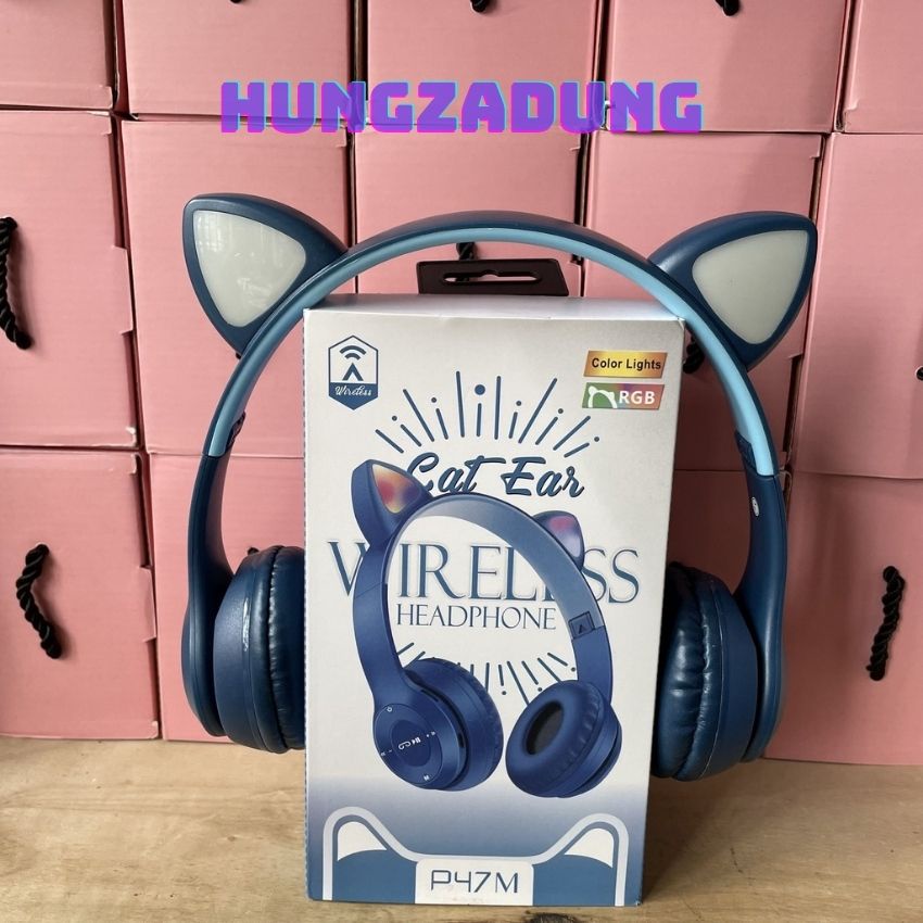 Tai Nghe Bluetooth Phát Sáng,Tai Nghe ChụpTai Mèo Có Mích P47M Giành cho Laptop,PC,Điện Thoại HUNGZADUNG
