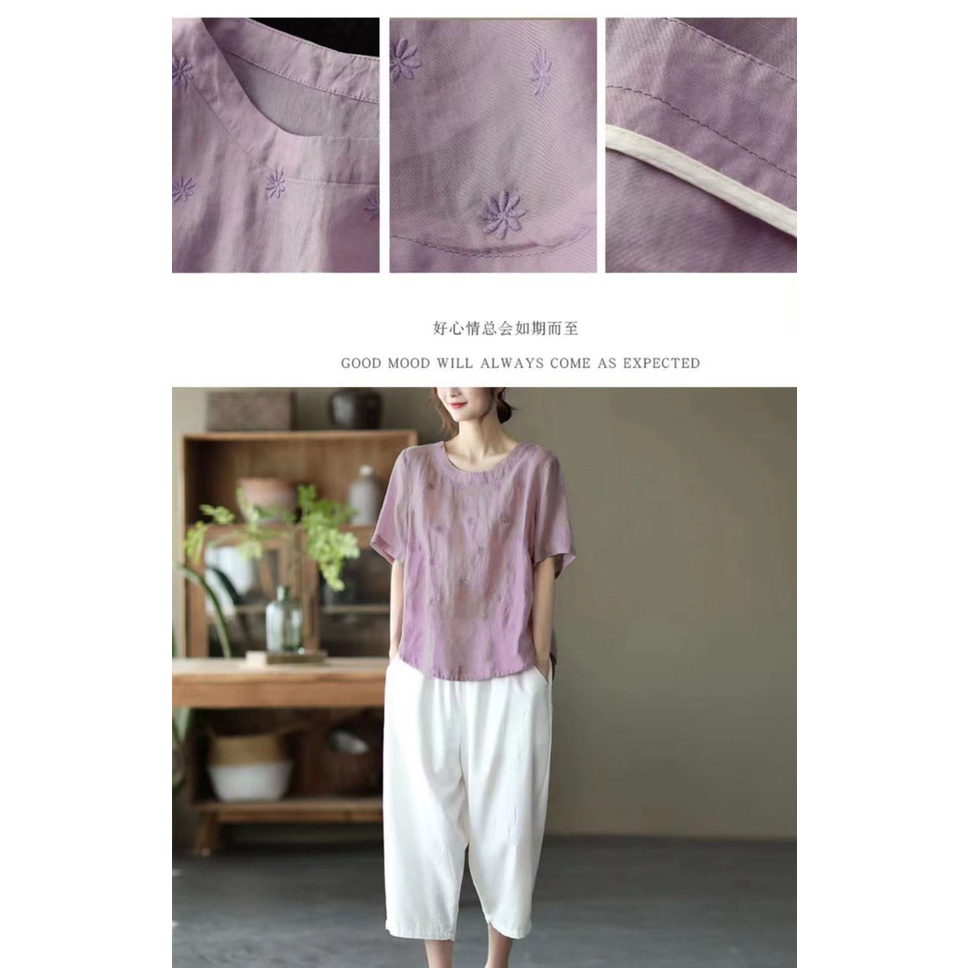 Áo Thun Tay Ngắn Chất Liệu 100% Cotton Lanh Thêu Họa Tiết Xinh Xắn Thời Trang Mùa Hè 2022 Cho Nữ