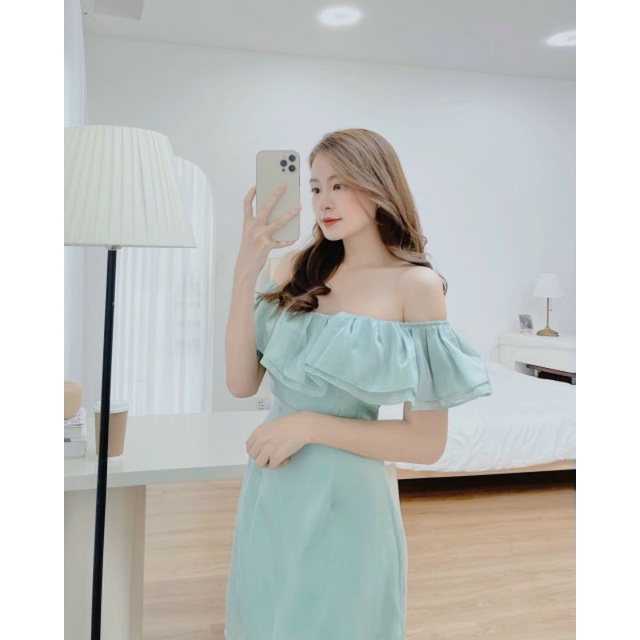 Đầm trễ vai xanh mint