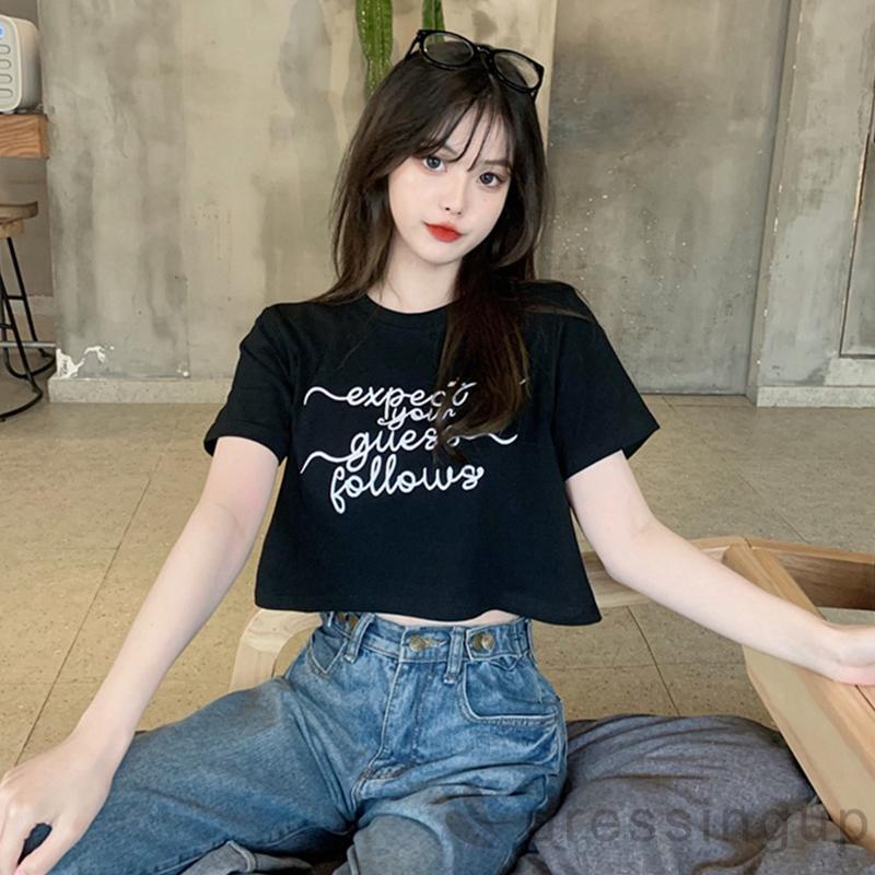 DRE-Women Loose Fit T-shirt, Letters Embroidery Pattern Round Neck Short Sleeve T-shirt, Black/ White