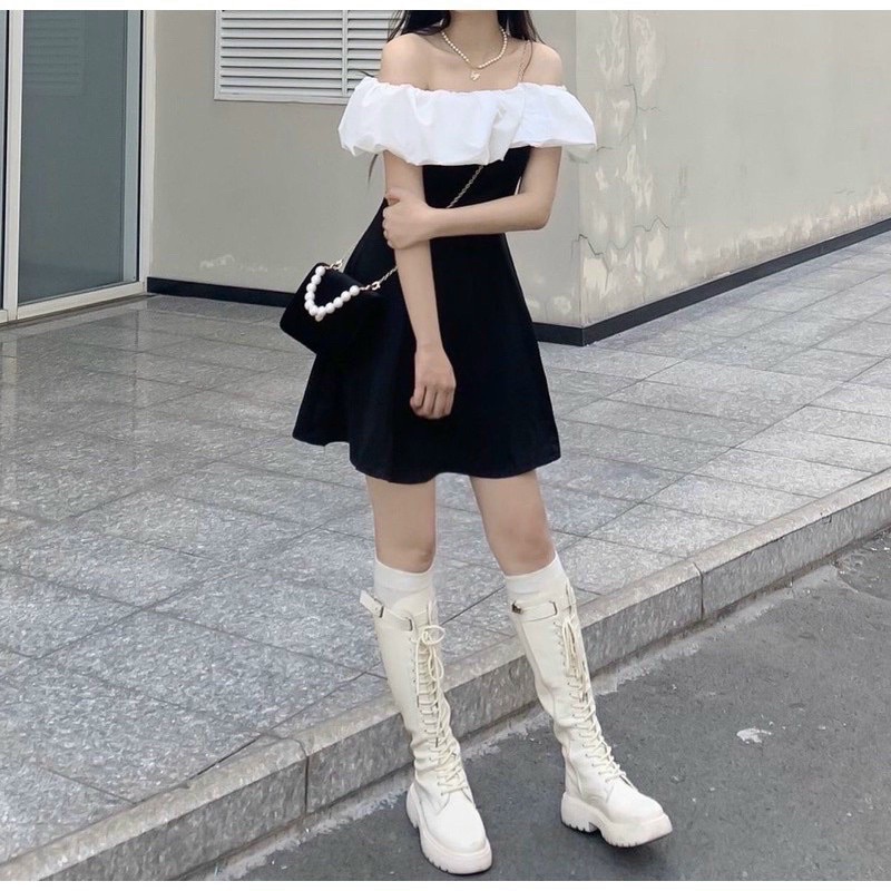 Váy Trễ Vai Màu Đen Bèo Vai Trắng Khoá Sườn Cực Xinh Tôn Dáng