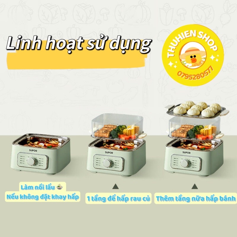 HÀNG SẴN / Nồi hấp điện màu xanh khay inox SUPOR / Bảo hành uy tín