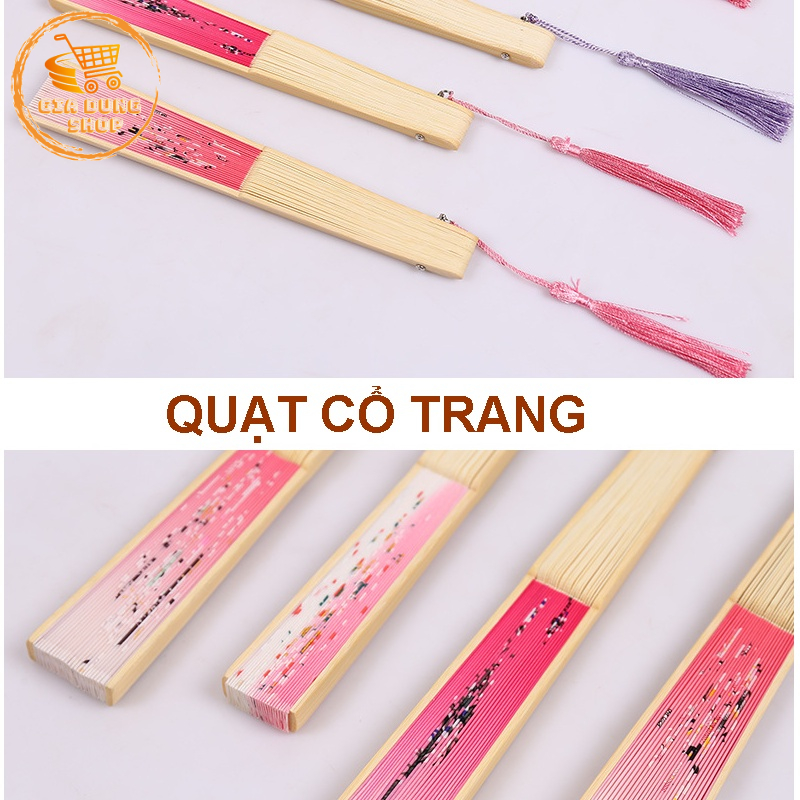 Quạt Cổ Trang Quạt Cầm Tay Bằng Vải Lụa Thân Tre Xếp Xòe Tròn Dùng Làm Trang Trí Quà Tặng