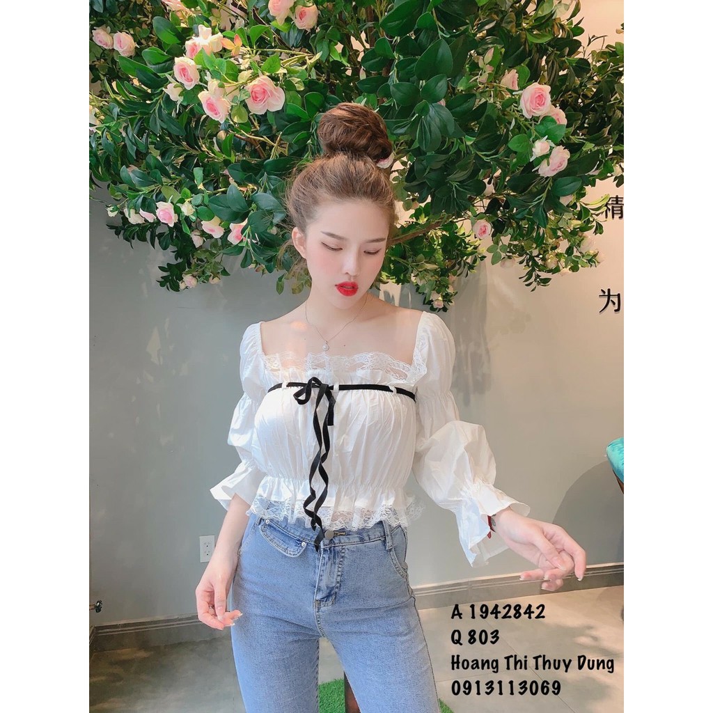 Áo Voan Kiểu Cổ Vuông Form Croptop Phối Dây Nơ Kiểu Hàn Quốc Siu Hot TTS0771