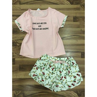 Đồ bộ nữ áo vải đũi thêu chữ quần voan hoa dbm