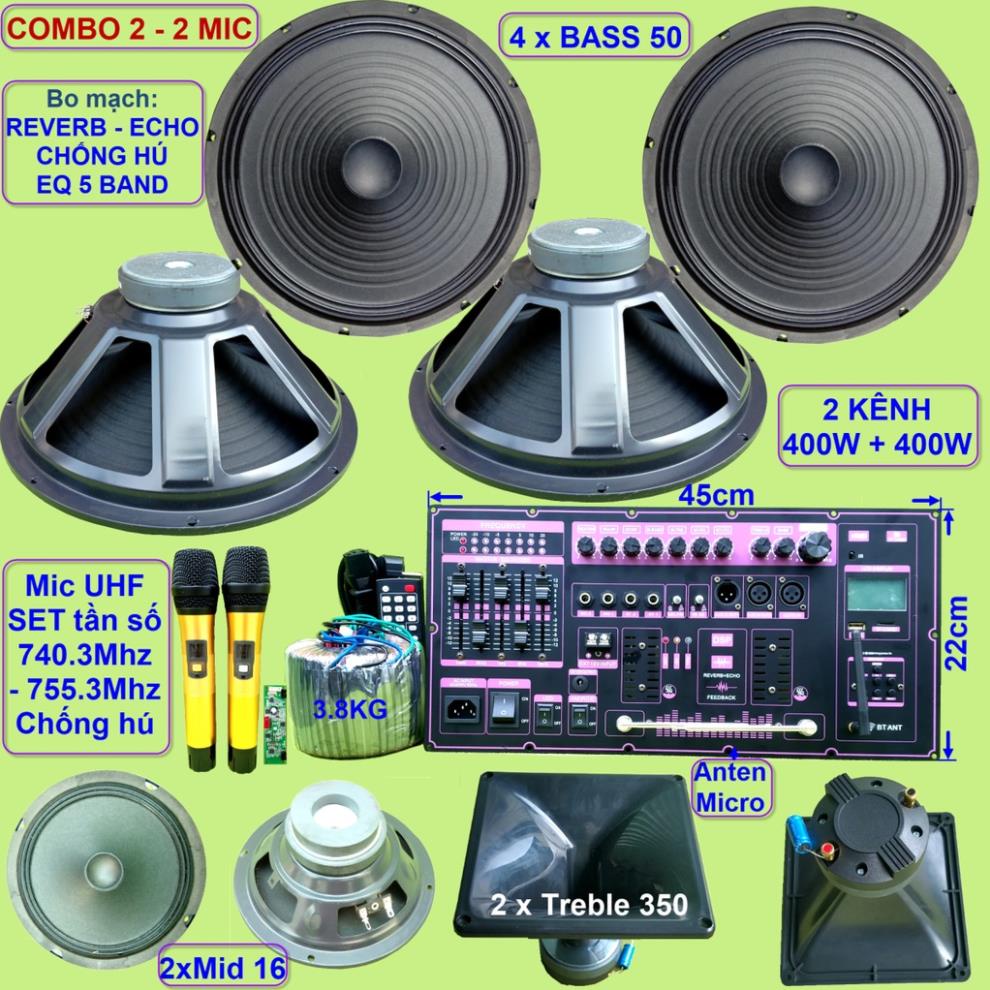 Mạch loa kéo 4 Bass 5 tấc 2 kênh độc lập 400W + 400W DSP Reverb Echo có chống hú Equalizer 5 Band, kèm loa và kèm micro