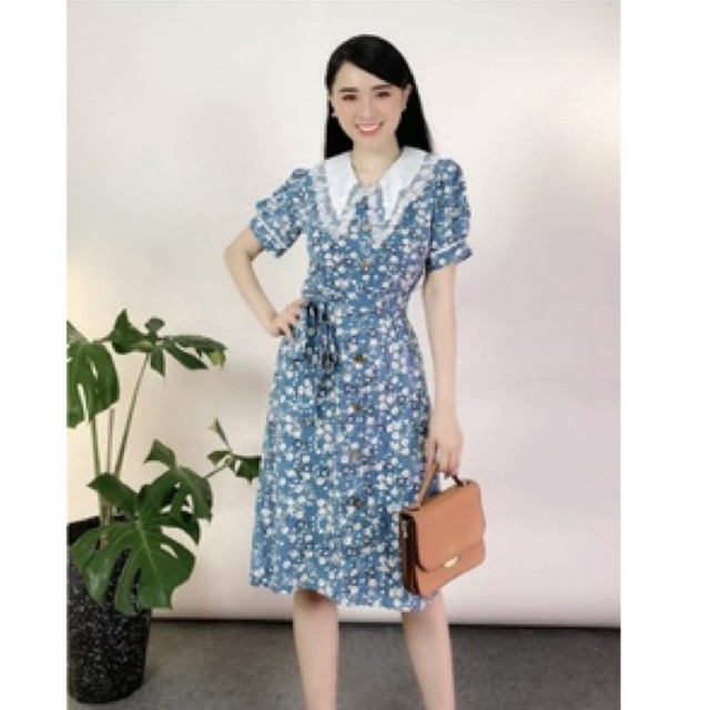 Đầm xòe hoa xanh cổ ren đính nút xinh xắn đi làm dạo phố Flora Dress Petystore full size D007 | BigBuy360 - bigbuy360.vn