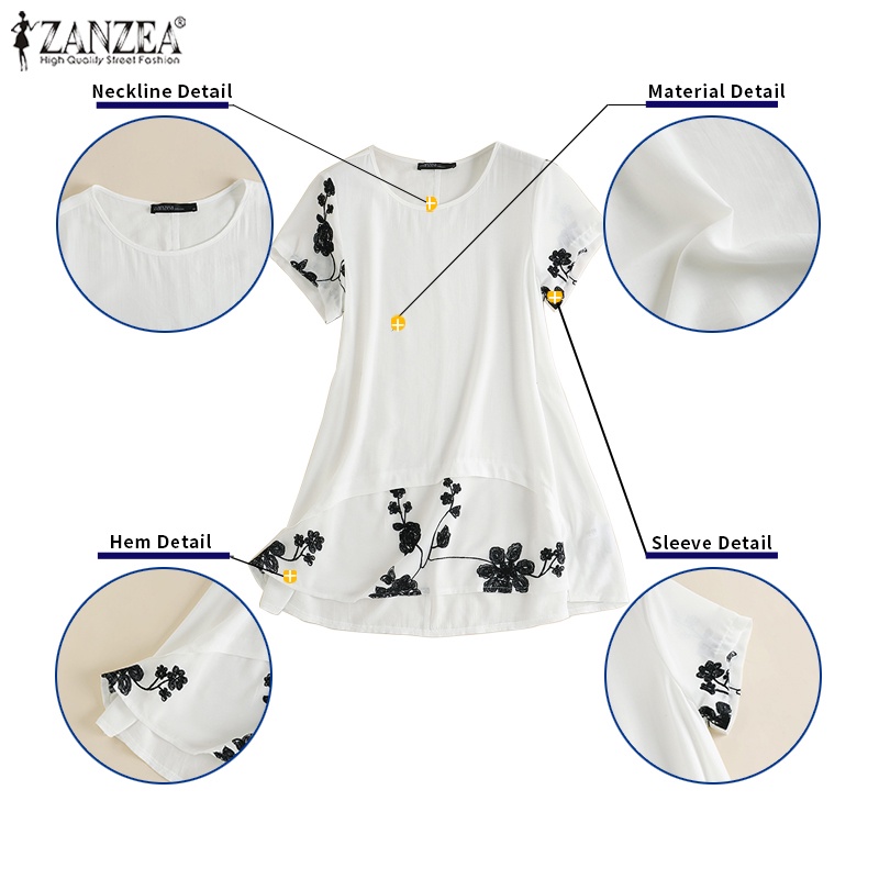 Áo kiểu ZANZEA cổ tròn ngắn tay in hoa thời trang cho nữ