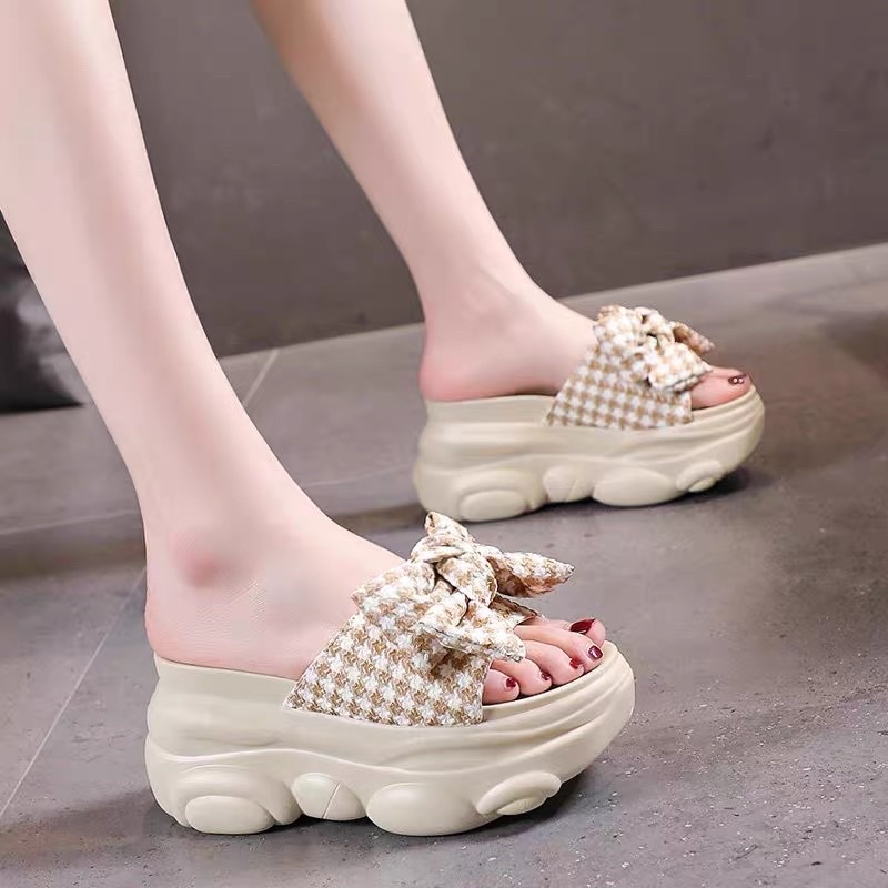 Dép xuồng quai ngang nơ kẻ cao 9cm