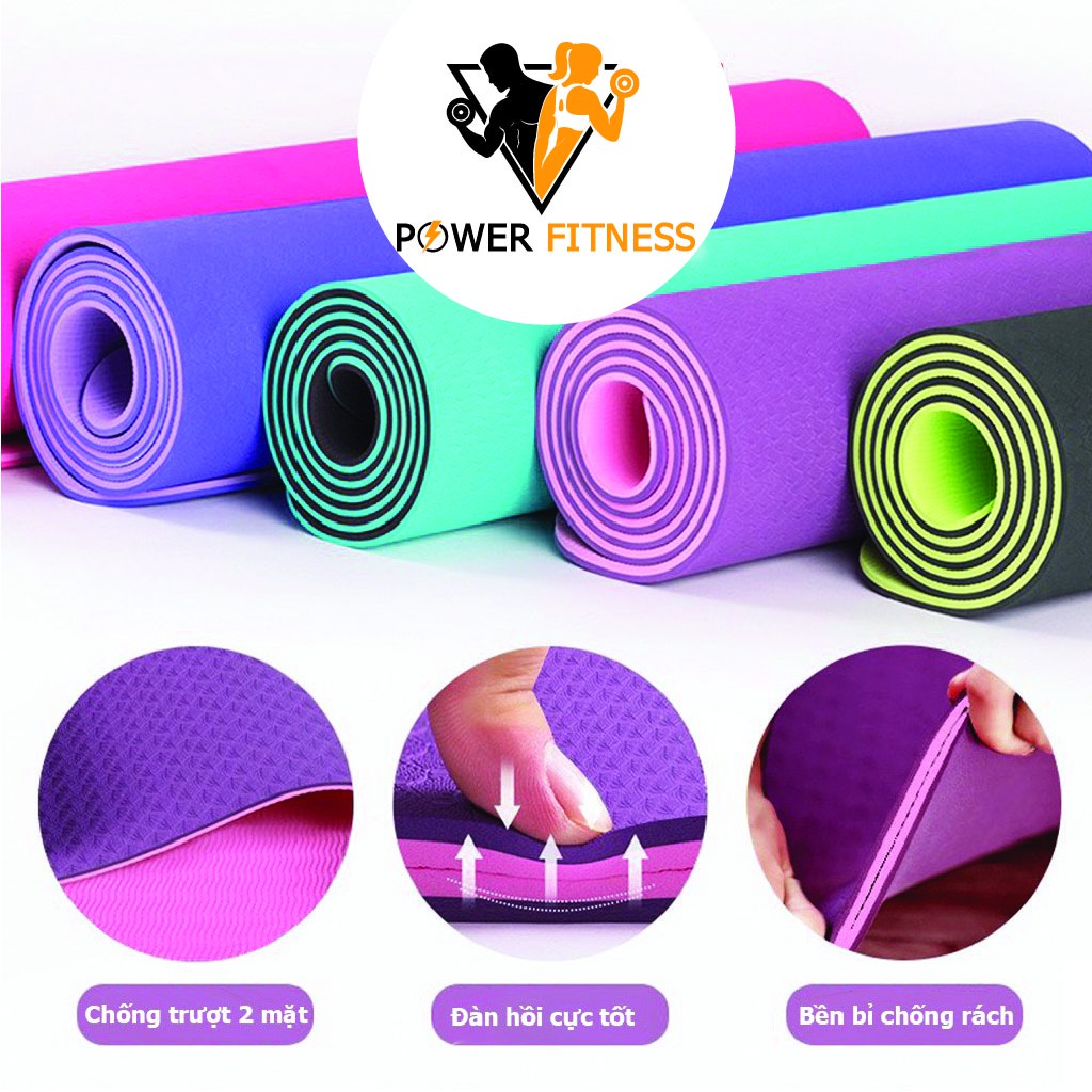 Thảm tập yoga gym chống trượt cao cấp TPE 2 lớp 6mm 8mm Power Fitness A1008