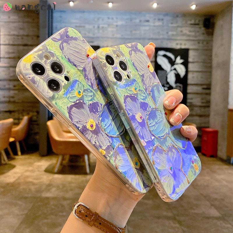 Ốp Điện Thoại Mềm Hình Hoa Màu Xanh Dương Lấp Lánh Cho iPhone 13 12 11 Pro Max XS Max XR X 7 8 6 6s Plus