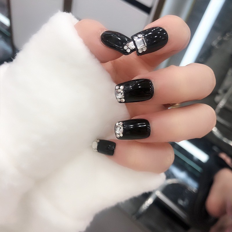 Set 24 móng tay giả đính đá cao cấp sơn gel đen sang chảnh tặng kèm keo