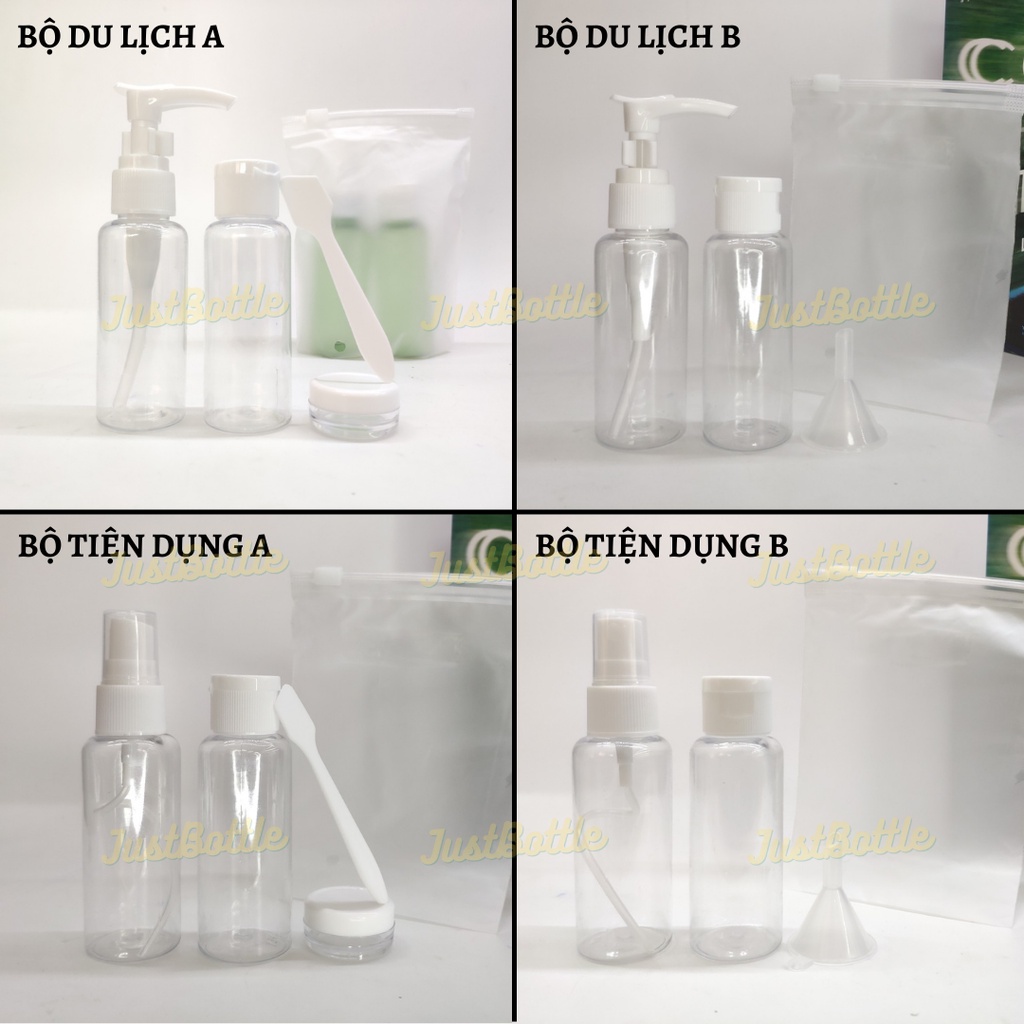 BỘ CHIẾT MỸ PHẨM DU LỊCH 4 MÓN 50ml túi Zip Nhập Khẩu  VỎ CHAI LỌ NHỰA PET Nhỏ Trong suốt Hồng Nâu Đen Trắng Xanh