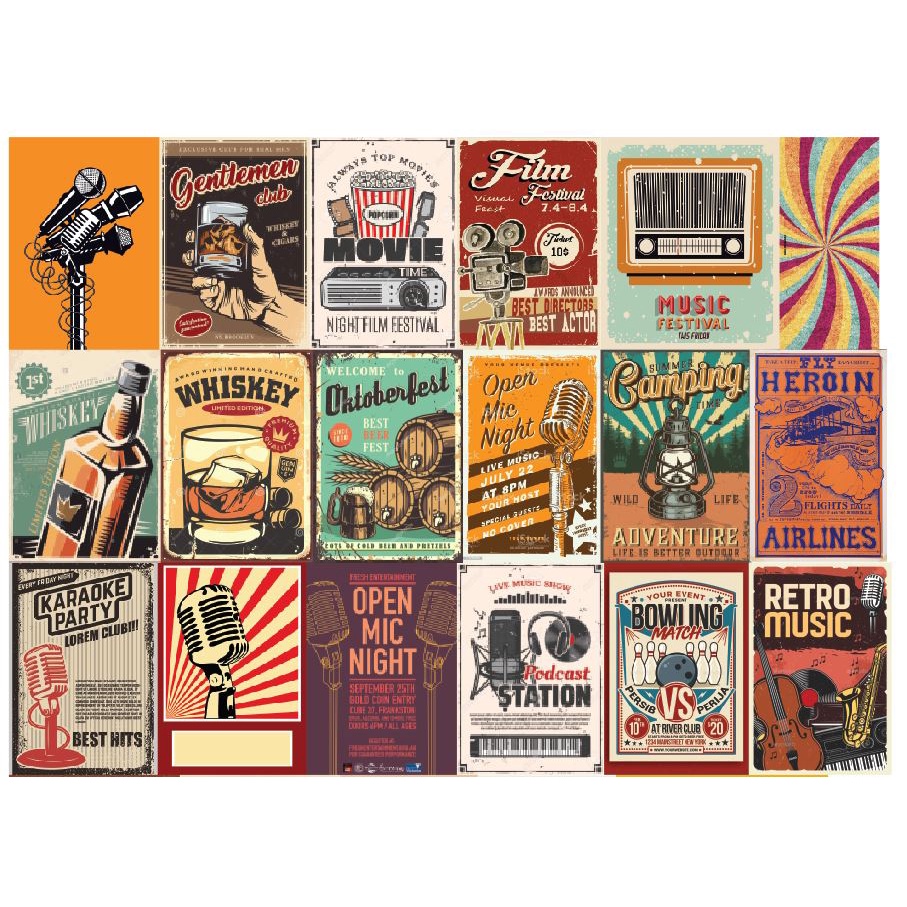 COMBO ~20 HÌNH Decal khổ lớn dán trang trí vintage, RETRO khổ lớn dán Decor phòng, tường .IN THEO YÊU CẦU