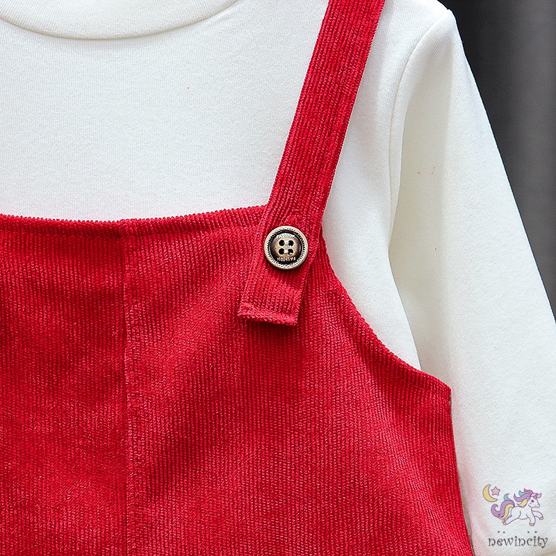 Set Áo Thun Tay Dài &amp; Đầm Yếm Màu Trơn Đáng Yêu Cho Bé Gái