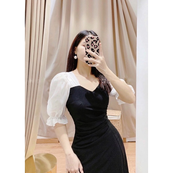 Đầm dự tiệc xếp li eo xẻ tà phối trắng ảnh thật