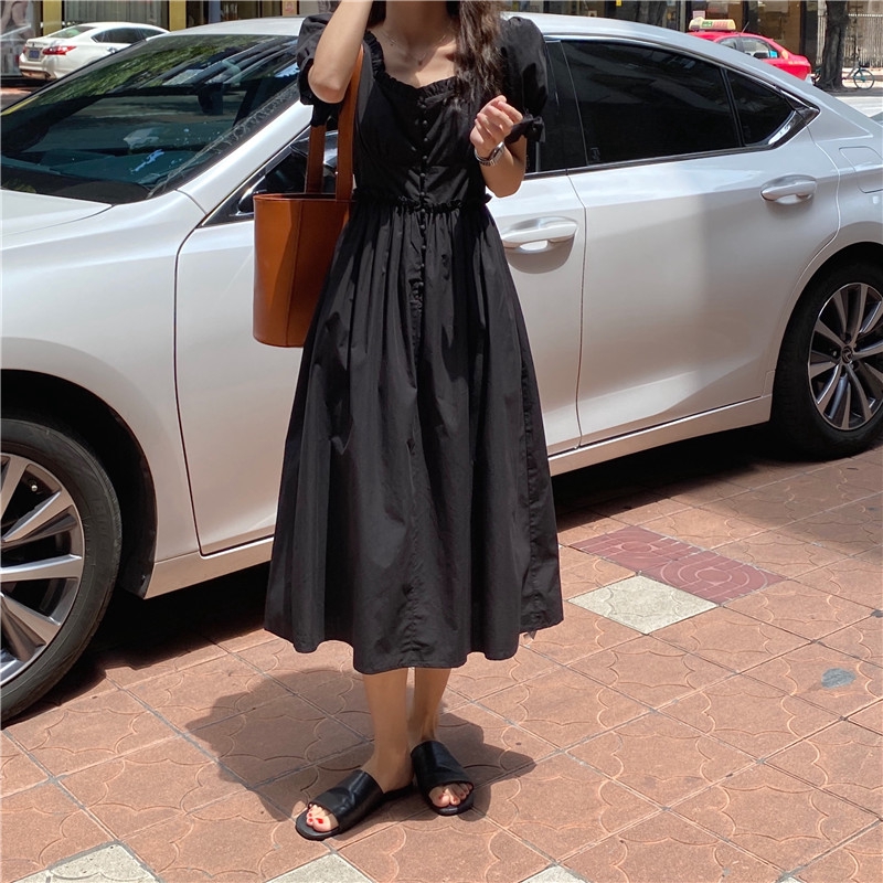 Đầm midi cổ vuông tay phồng thời trang thanh lịch 35861