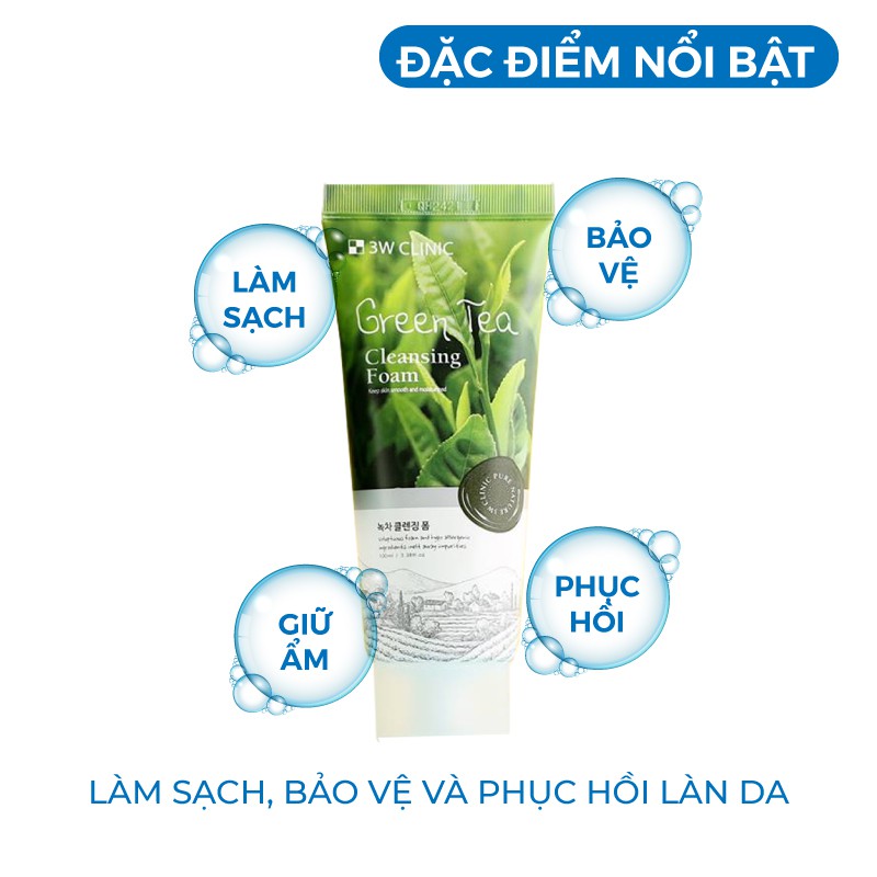 Bộ 2 Sữa rửa mặt trắng da giảm mụn chiết xuất từ trà xanh 3W CLINIC Hàn Quốc 100mlx2 Lọ