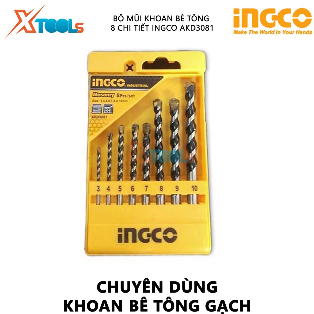 Bộ mũi khoan bê tông 8 chi tiết INGCO AKD3081 | bộ 8 mũi khoan kích thước lần lượt 3X60，4X75，5X85，6X100，7X100，8X120，9X12