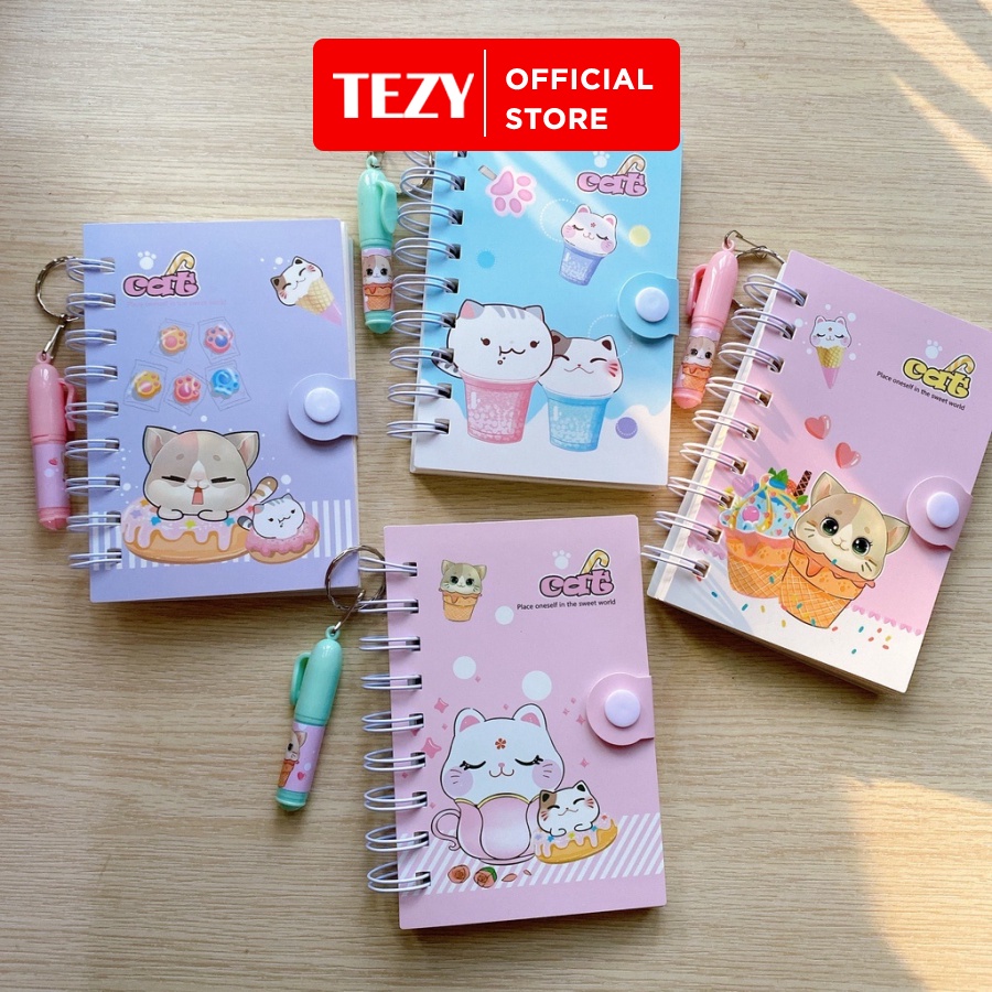 Sổ tay mini lò xo Catmeo A7 kèm bút mini hình dễ thương 80 trang TEZY BOOKS