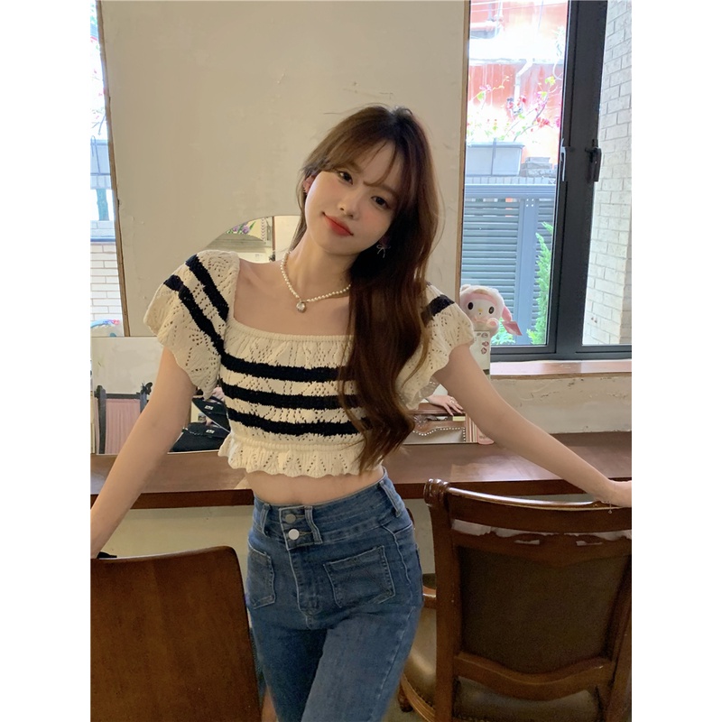Áo dệt kim kumikumi ngắn tay cổ vuông họa tiết kẻ sọc phong cách Hàn Quốc cho nữ
