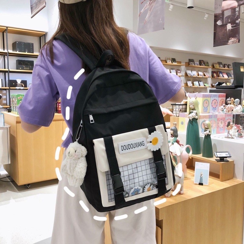 Balo Thời Trang Nam Nữ 2 Khoá Doudouxiang Sọc Caro