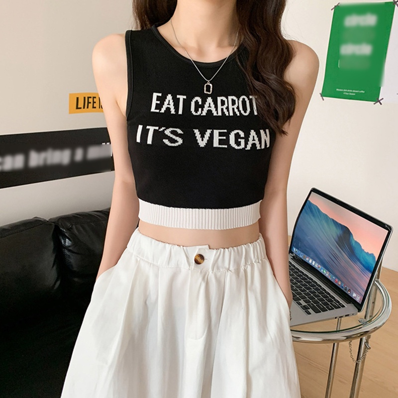 Xiangbao Áo Crop Top Dệt Kim Không Tay Phối Màu Tương Phản In Chữ S Tập Thể Dục Mùa Hè Cho Nữ