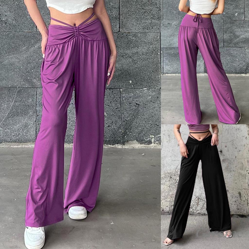 Quần Dài Lưng Cao Ống Rộng Màu Sắc Đơn Giản Cho Nữ